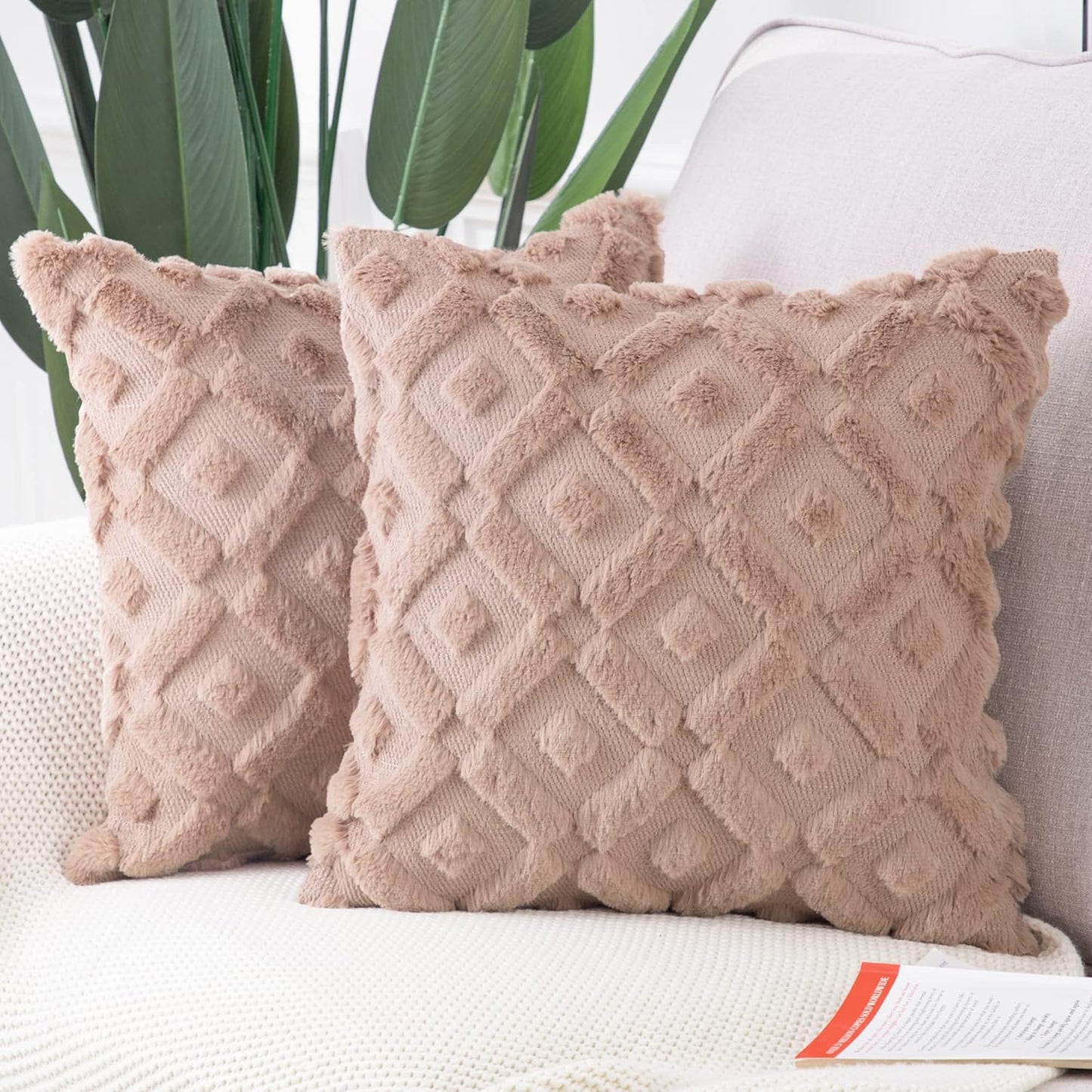 MADIZZ Set of 2 Beige Plush Short Wool Throw Pillow Covers 20X20 Inch Square Super Soft Cozy Decorative Velvet Cushion Cover for Sofa Bedroom Livingroom Pillow Shell