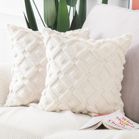MADIZZ Set of 2 Beige Plush Short Wool Throw Pillow Covers 20X20 Inch Square Super Soft Cozy Decorative Velvet Cushion Cover for Sofa Bedroom Livingroom Pillow Shell