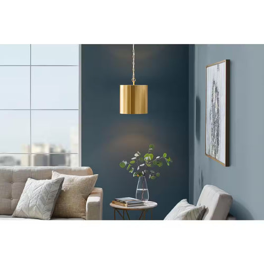 Bandeau 1-Light Aged Brass Finish Shaded Pendant Light with White inside Metal Shade