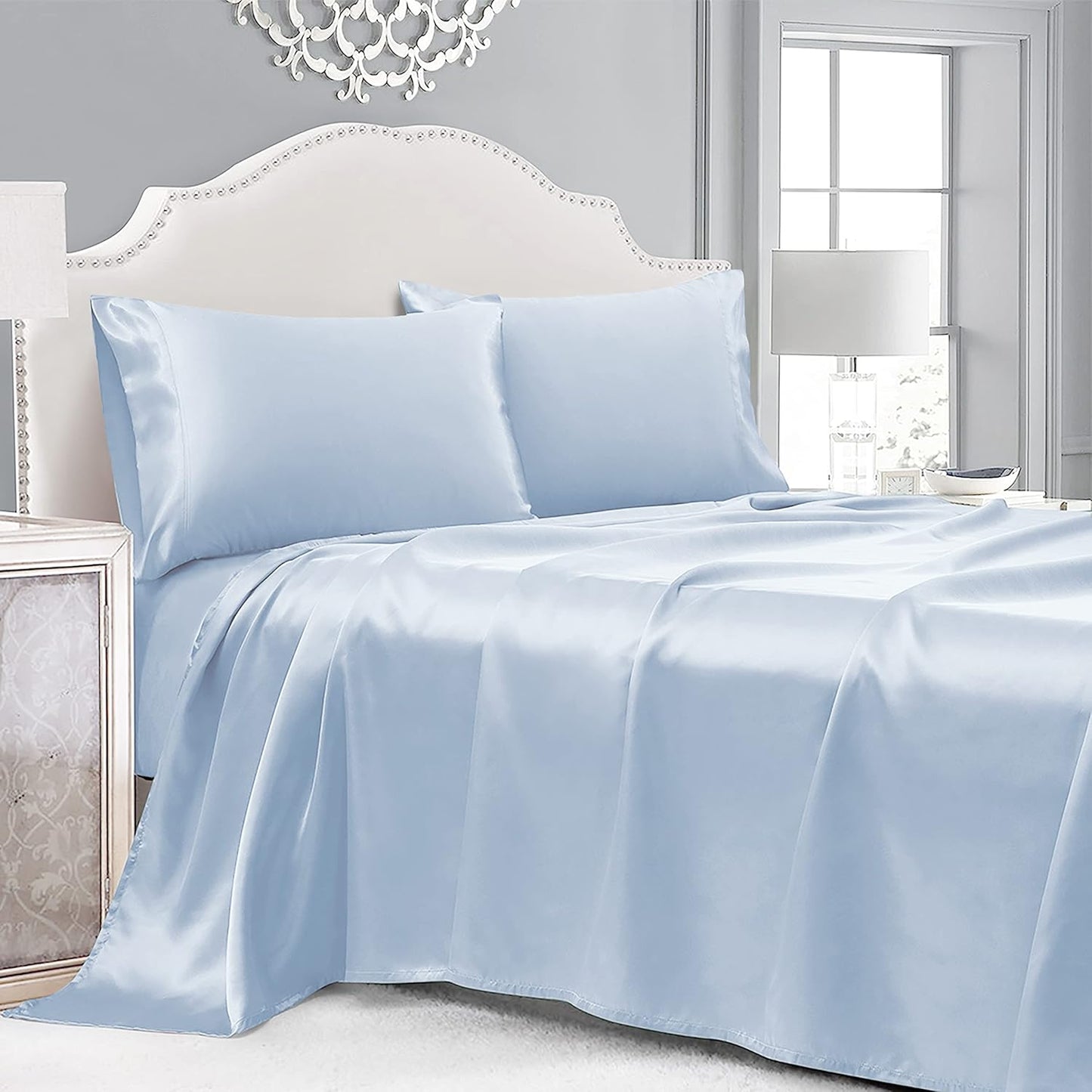 4 Piece Luxury Queen Sheet Set, Taupe Satin Sheet Set, Soft Silky Bed Sheets Queen Set with 1 Deep Pocket Fitted Sheet 1 Flat Sheet 2 Satin Pillowcases