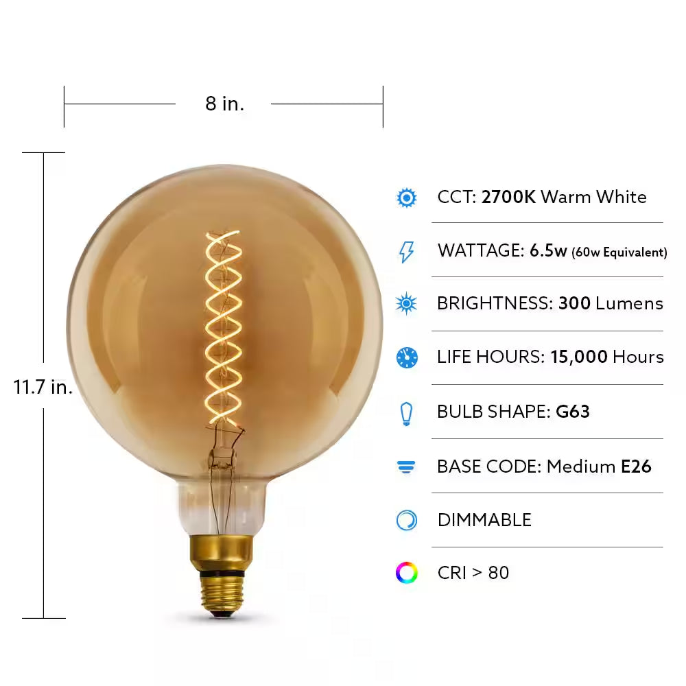 60W Equivalent G63 Dimmable Spiral Filament Oversized Amber Glass E26 Vintage Edison LED Light Bulb, Warm White (3-Pack)