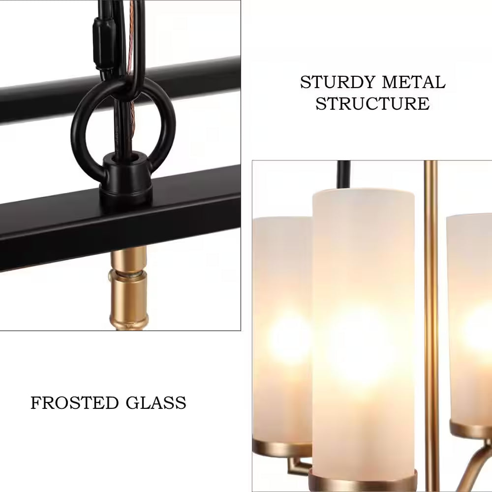 Industrial 4-Light Black Rectangle Chandelier with Frosted Glass Shades, Transitional Gold Pendant Light for Dining Room