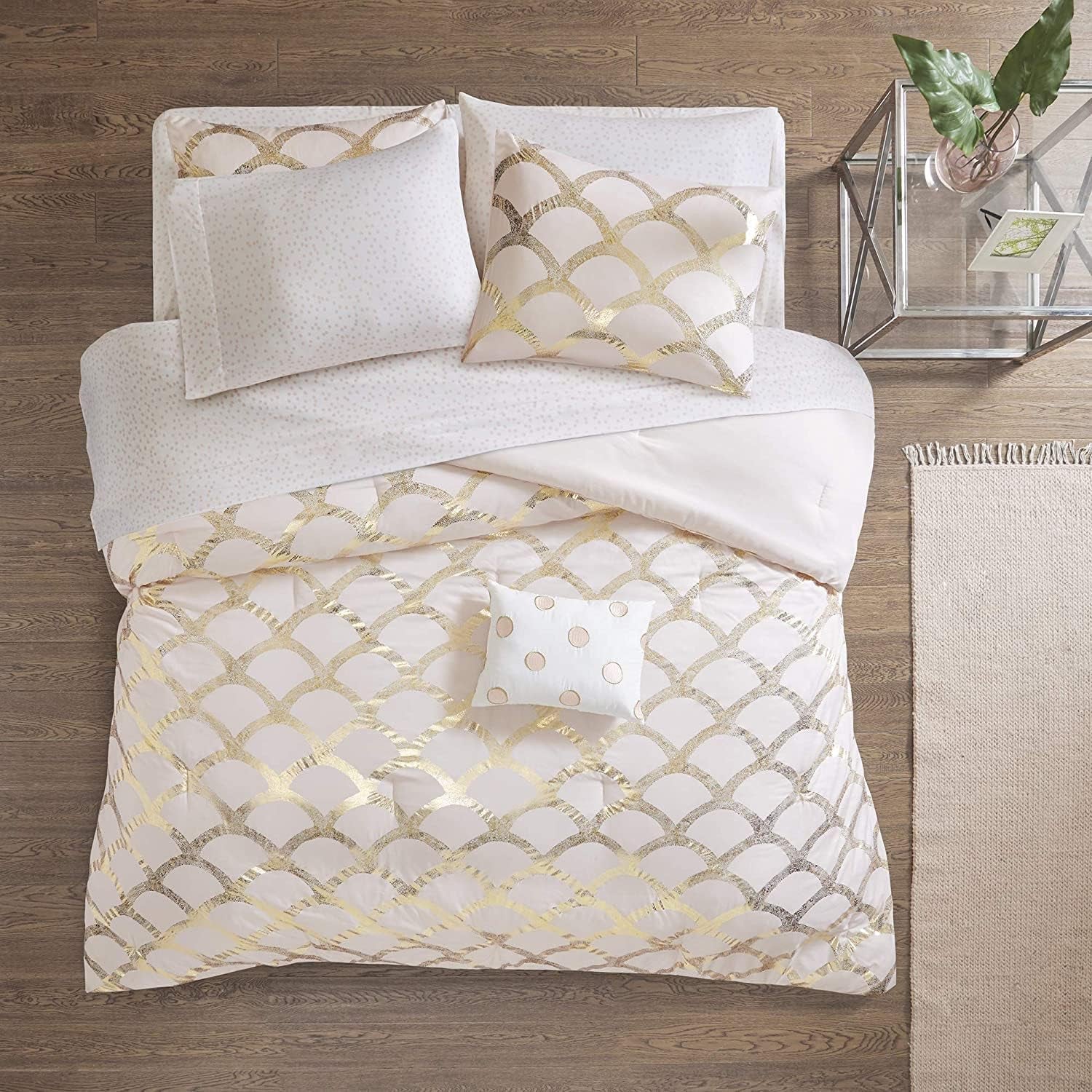 Lorna Complete Bed in a Bag Trendy Metallic Mermaid Scale Scallop Print Comforter with Polka Dots Sheet Set, Teen Bedding for Girls Bedroom, Twin, Blush 6 Piece