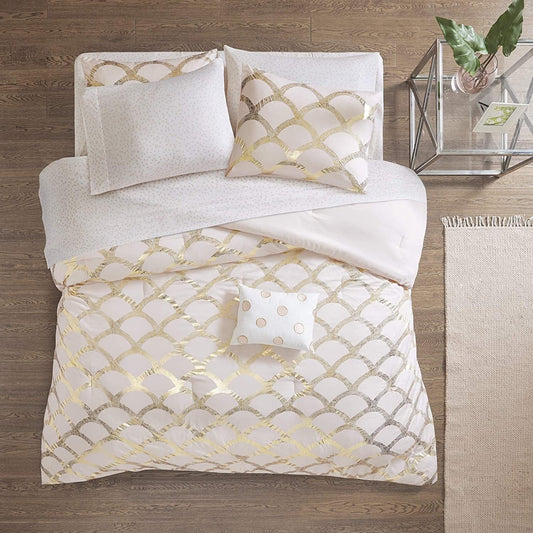 Lorna Complete Bed in a Bag Trendy Metallic Mermaid Scale Scallop Print Comforter with Polka Dots Sheet Set, Teen Bedding for Girls Bedroom, Twin, Blush 6 Piece