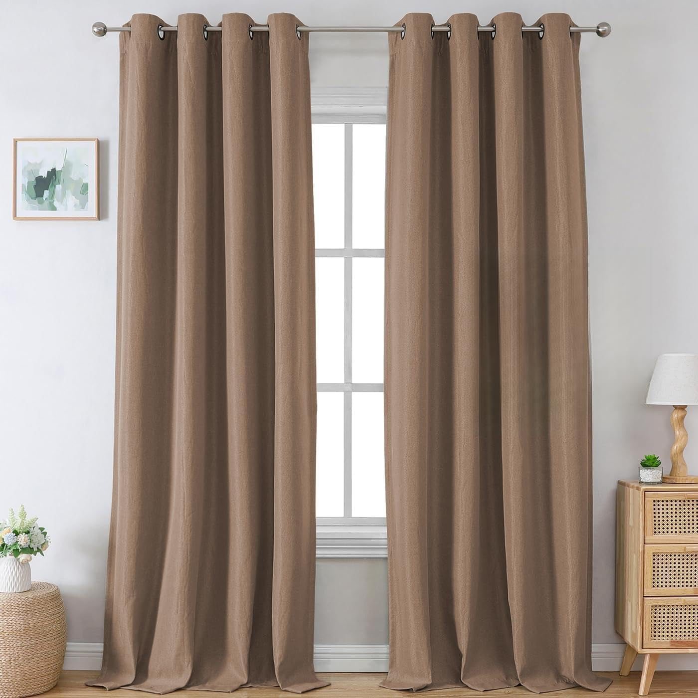 H.VERSAILTEX Linen Blackout Curtains 96 Inch Linen Textured Room Darkening Curtain for Bedroom Boho Rustic Farmhouse Decor Burlap Curtains Grommet Linen Curtain Drapes 2 Panels, Heather Light Taupe