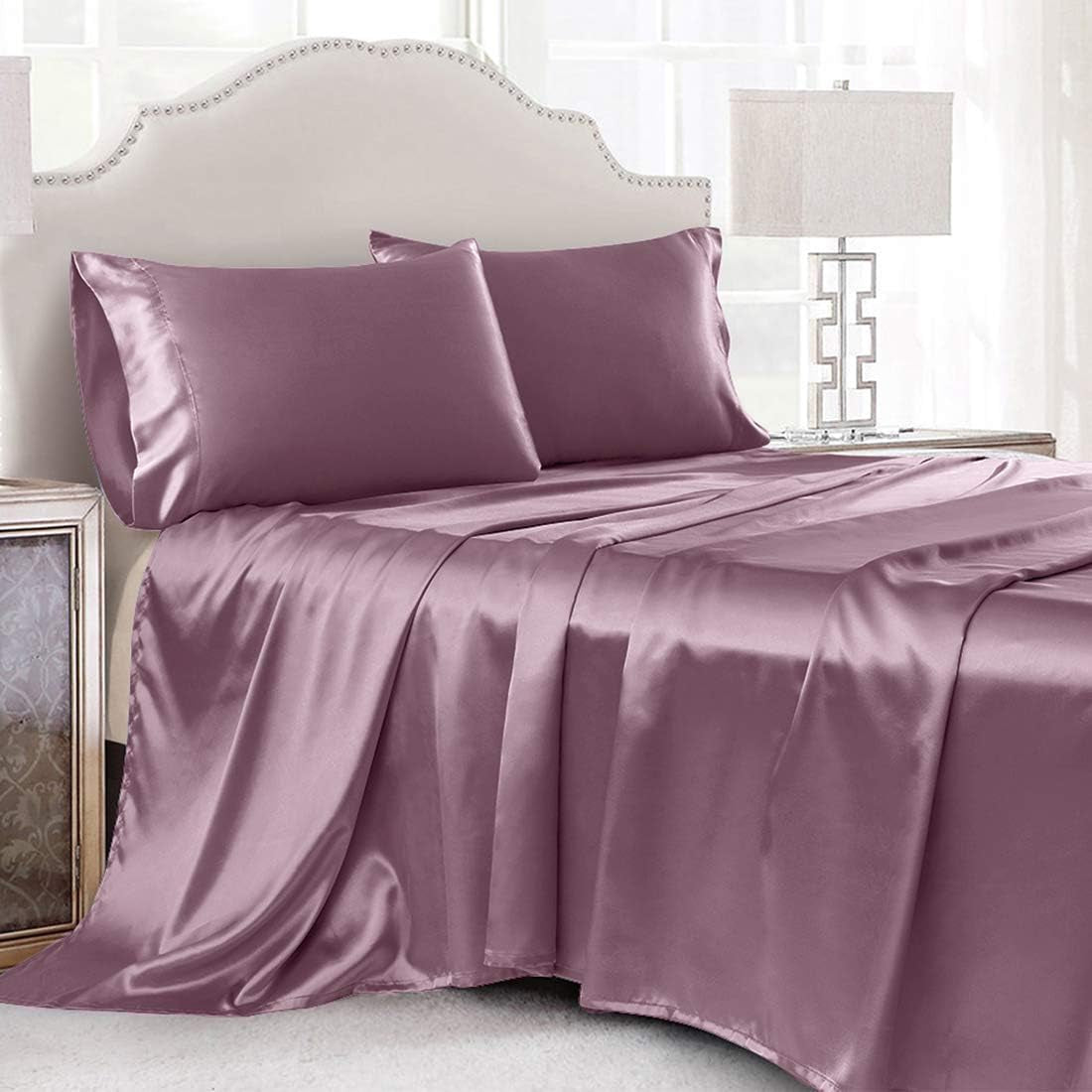 4 Piece Luxury Queen Sheet Set, Taupe Satin Sheet Set, Soft Silky Bed Sheets Queen Set with 1 Deep Pocket Fitted Sheet 1 Flat Sheet 2 Satin Pillowcases