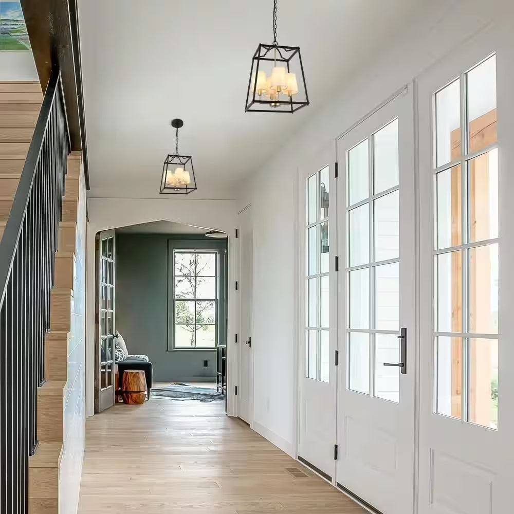 Classic 4-Light Black Cage Chandelier Lighting with Fabric Shades, Modern Square Pendant Light for Dining Room