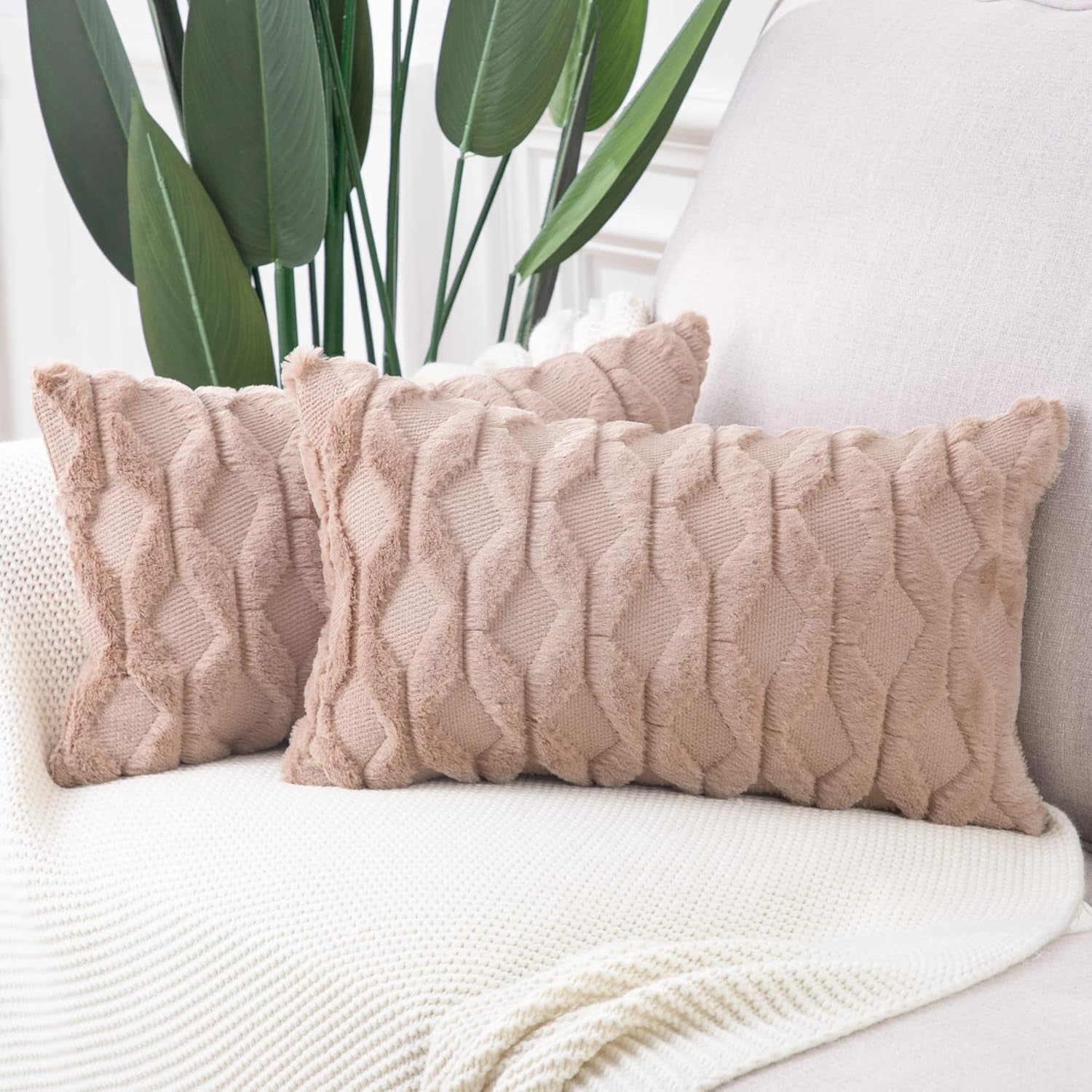 MADIZZ Set of 2 Soft Plush Short Wool Velvet Decorative Throw Pillow Covers 12X20 Inch Light Brown Rectangular Luxury Style Cushion Cases Pillow Shell for Sofa Bedroom