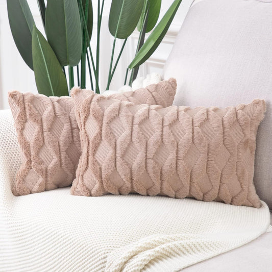 MADIZZ Set of 2 Soft Plush Short Wool Velvet Decorative Throw Pillow Covers 12X20 Inch Light Brown Rectangular Luxury Style Cushion Cases Pillow Shell for Sofa Bedroom