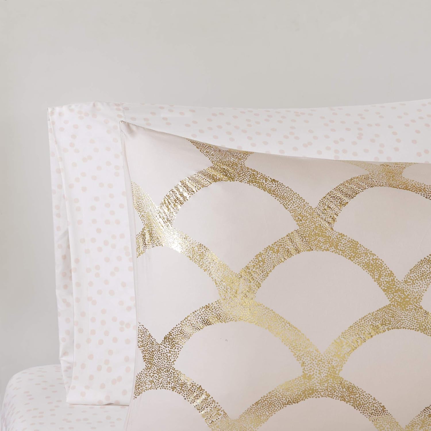 Lorna Complete Bed in a Bag Trendy Metallic Mermaid Scale Scallop Print Comforter with Polka Dots Sheet Set, Teen Bedding for Girls Bedroom, Twin, Blush 6 Piece