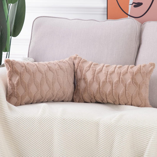 MADIZZ Set of 2 Soft Plush Short Wool Velvet Decorative Throw Pillow Covers 12X20 Inch Light Brown Rectangular Luxury Style Cushion Cases Pillow Shell for Sofa Bedroom