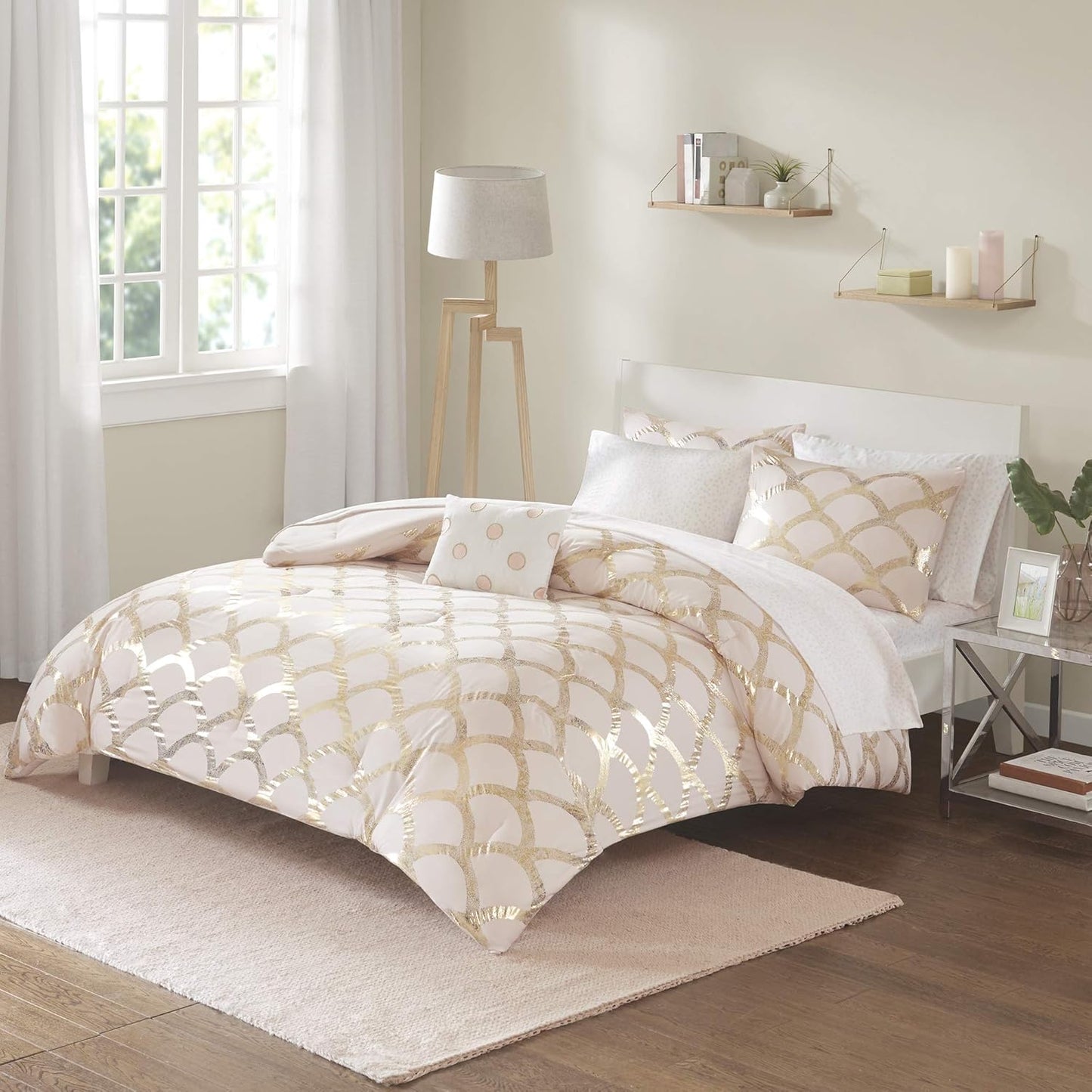 Lorna Complete Bed in a Bag Trendy Metallic Mermaid Scale Scallop Print Comforter with Polka Dots Sheet Set, Teen Bedding for Girls Bedroom, Twin, Blush 6 Piece