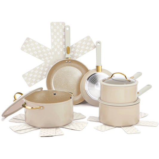 Granite 12-Piece Cookware Set Non-Stick - Taupe & Gold