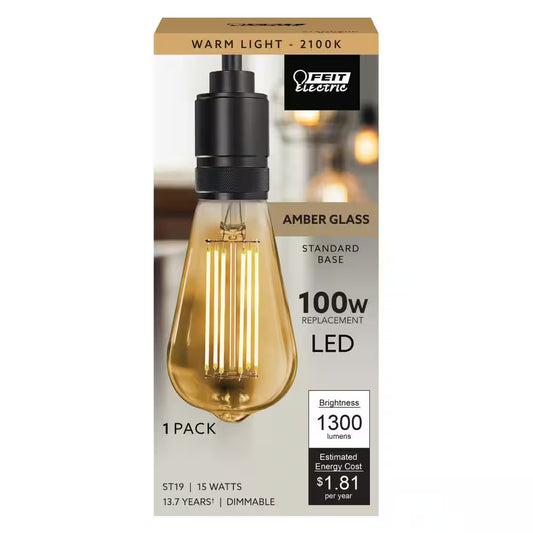 100-Watt Equivalent ST19 Dimmable Straight Filament Amber Glass E26 Vintage Edison LED Light Bulb, Warm White 3000K