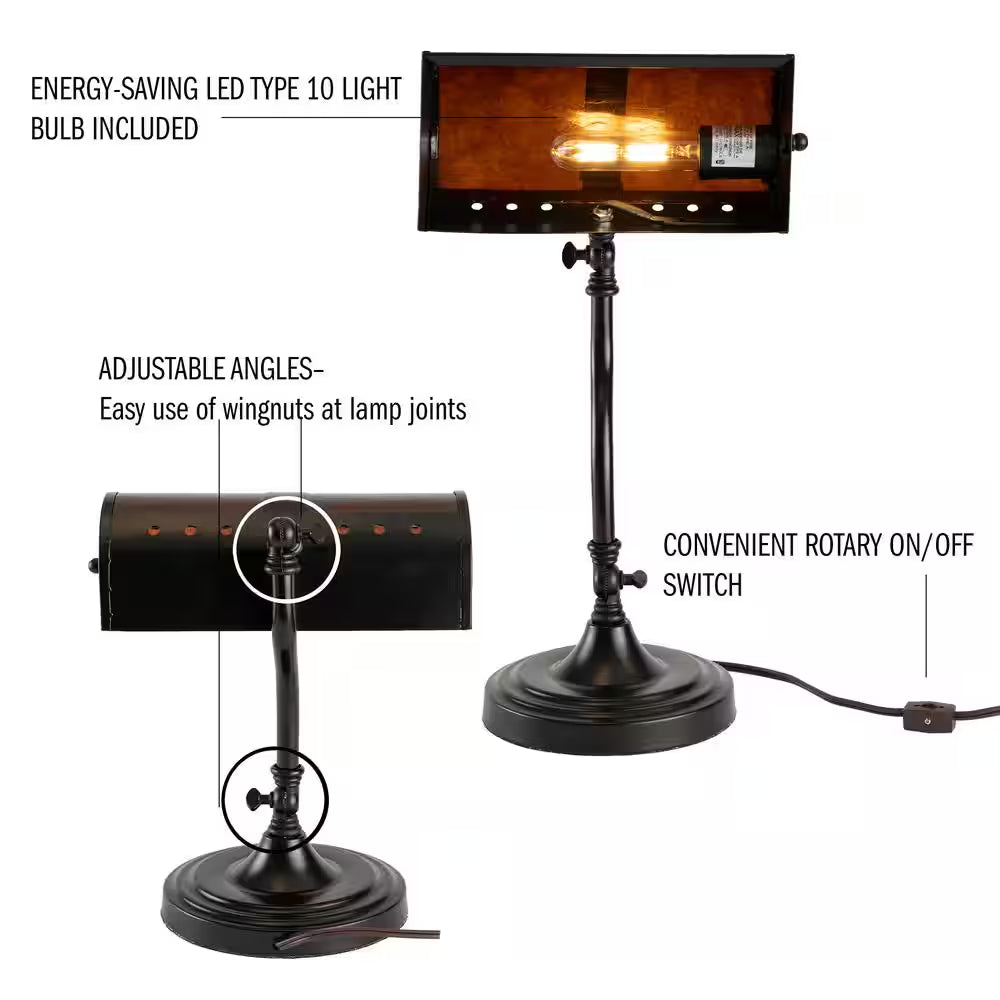 14 In. Black Mission Style LED Bankers Lamp with Amber Mica Shade