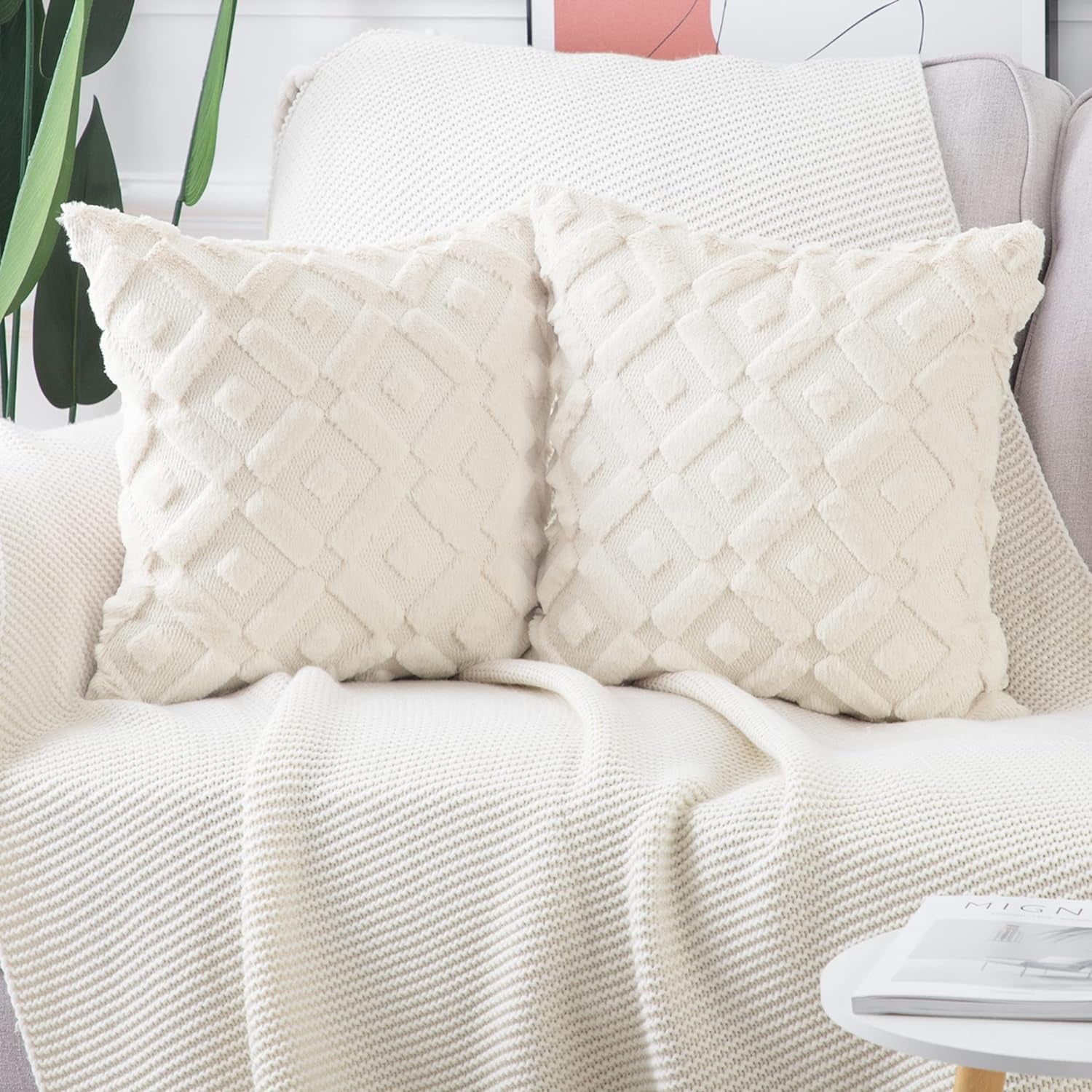 MADIZZ Set of 2 Beige Plush Short Wool Throw Pillow Covers 20X20 Inch Square Super Soft Cozy Decorative Velvet Cushion Cover for Sofa Bedroom Livingroom Pillow Shell