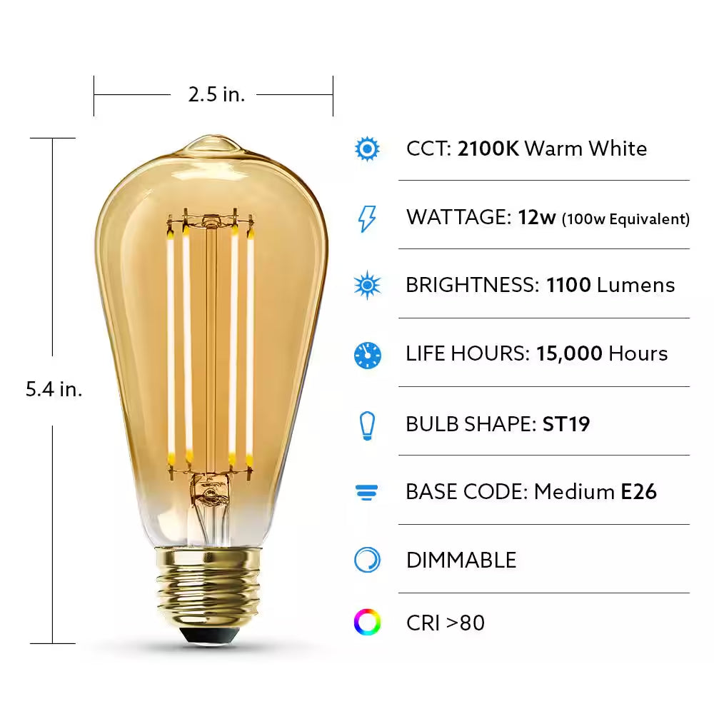100-Watt Equivalent ST19 Dimmable Straight Filament Amber Glass Vintage Edison E26 LED Light Bulb, Warm White (4-Pack)