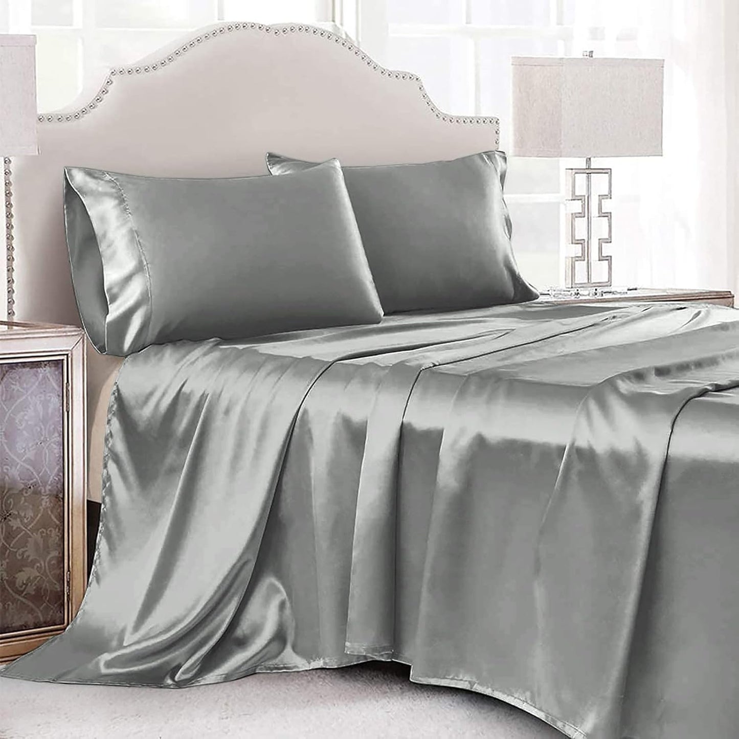 4 Piece Luxury Queen Sheet Set, Taupe Satin Sheet Set, Soft Silky Bed Sheets Queen Set with 1 Deep Pocket Fitted Sheet 1 Flat Sheet 2 Satin Pillowcases