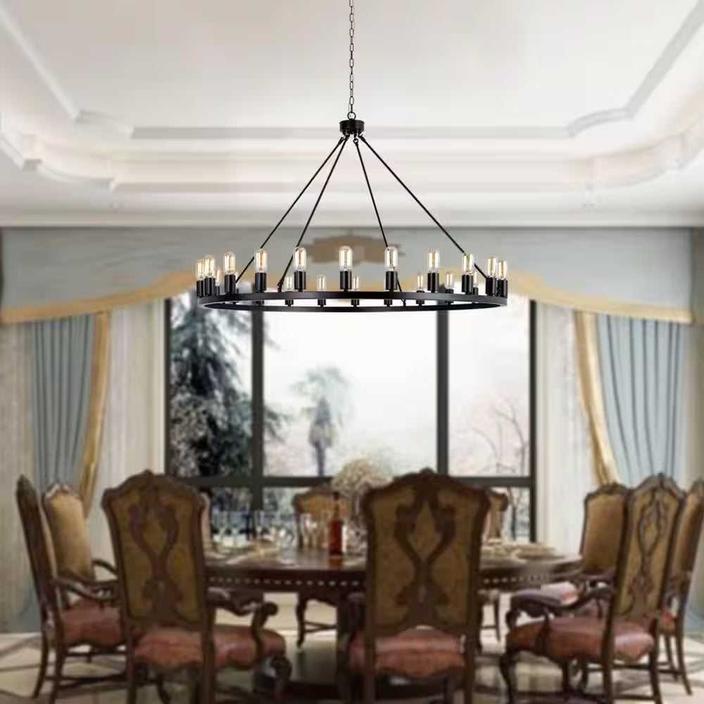 Bismarck 24-Light Black Candle Style Wagon Wheel Chandelier (No Assembly Required for Chandelier Body)
