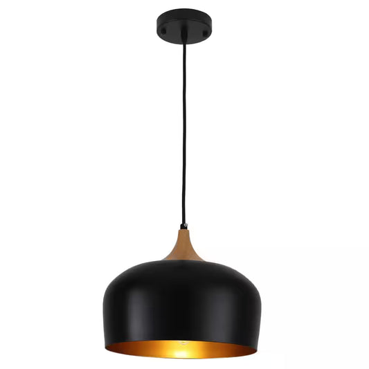 1-Light Black Metal Dome Pendant Light with Solid Wood Accents, No Bulbs Included