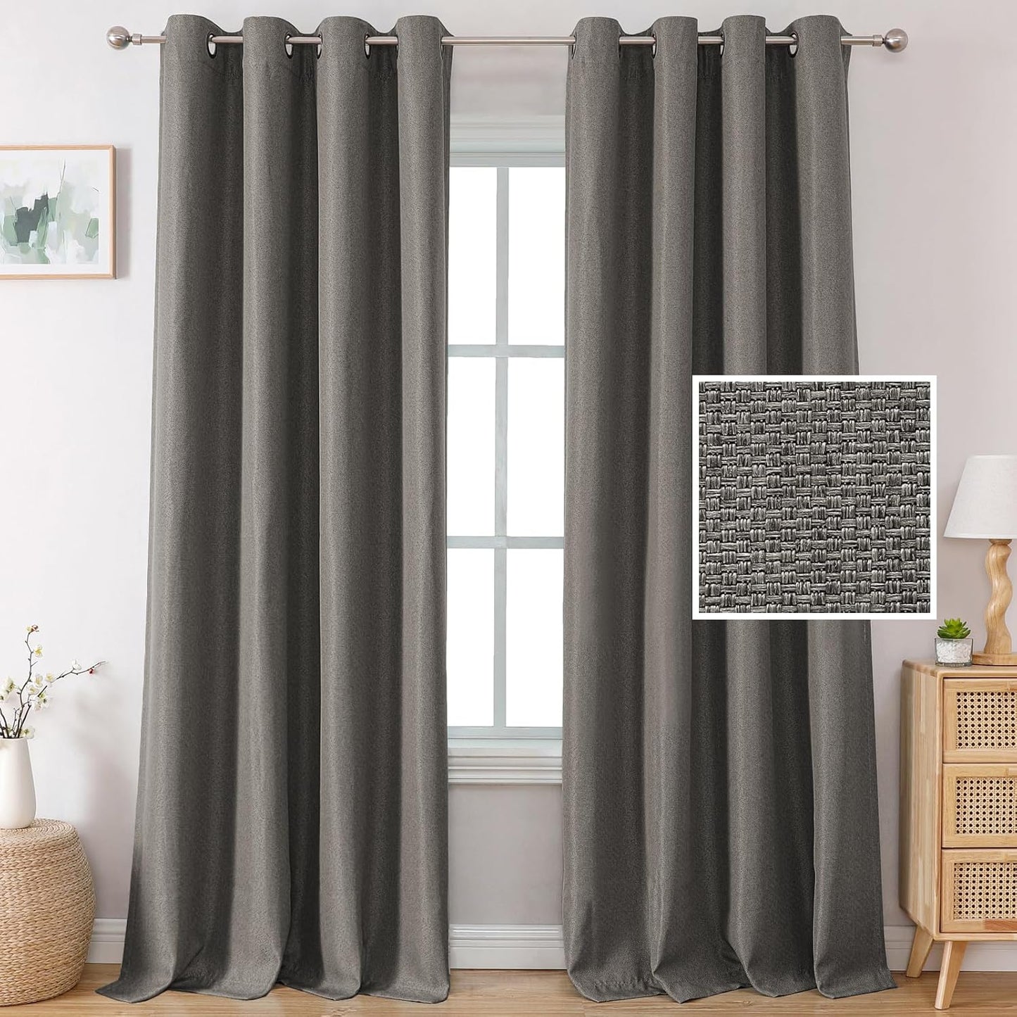 H.VERSAILTEX Linen Blackout Curtains 96 Inch Linen Textured Room Darkening Curtain for Bedroom Boho Rustic Farmhouse Decor Burlap Curtains Grommet Linen Curtain Drapes 2 Panels, Heather Light Taupe