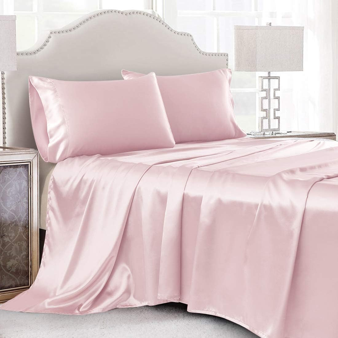 4 Piece Luxury Queen Sheet Set, Taupe Satin Sheet Set, Soft Silky Bed Sheets Queen Set with 1 Deep Pocket Fitted Sheet 1 Flat Sheet 2 Satin Pillowcases