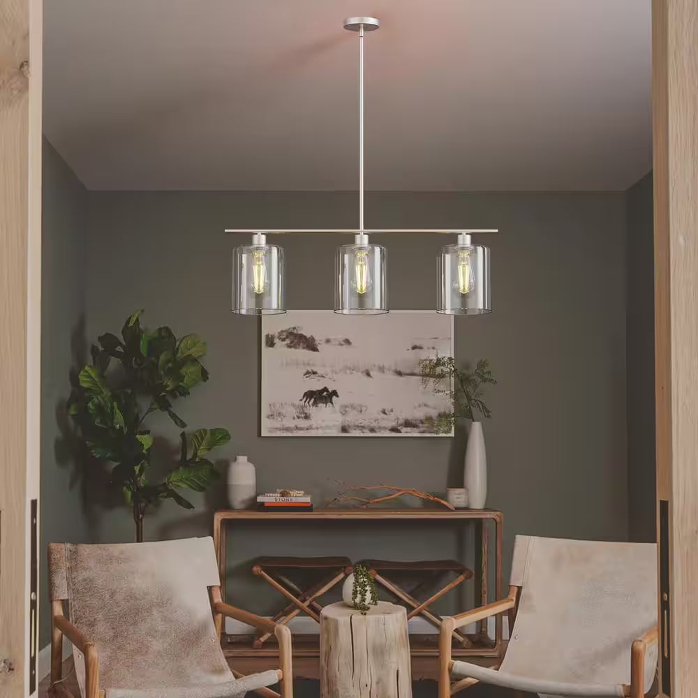 3-Light Brushed Nickel Modern Island Pendant Light Fixtures, Linear Chandelier Hanging Light with Clear Glass Shade