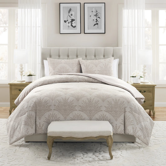 Sienna Leaf 3-Piece White Pepper Taupe Floral Comforter Set, Full/Queen