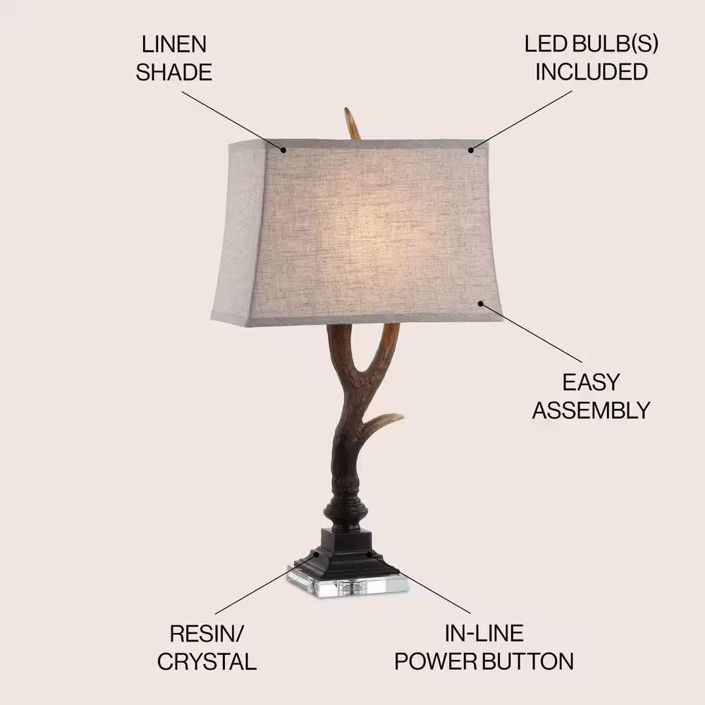 Antler 29.5 In. Rustic Resin/Crystal LED Table Lamp, Brown/Clear