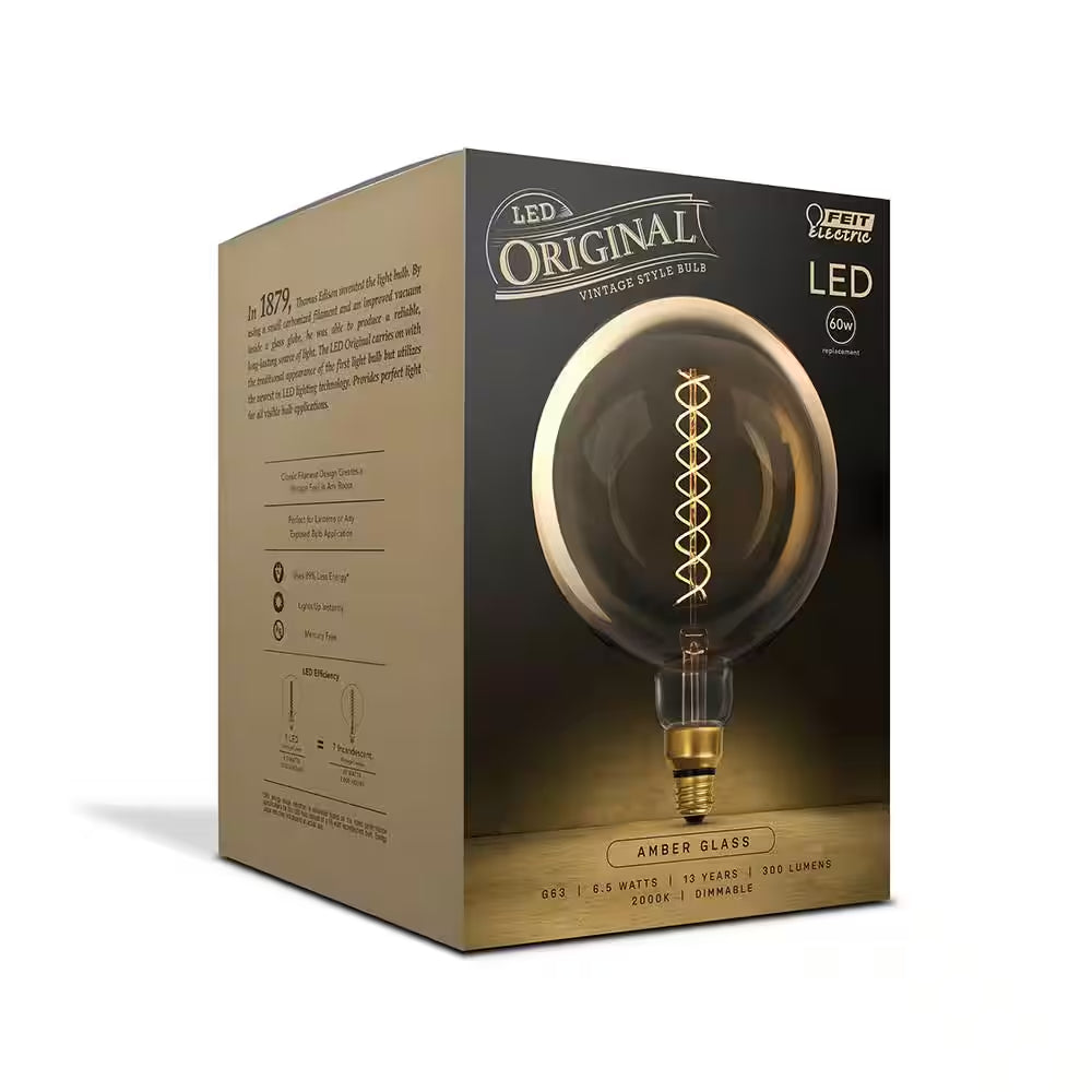 60W Equivalent G63 Dimmable Spiral Filament Oversized Amber Glass E26 Vintage Edison LED Light Bulb, Warm White (3-Pack)