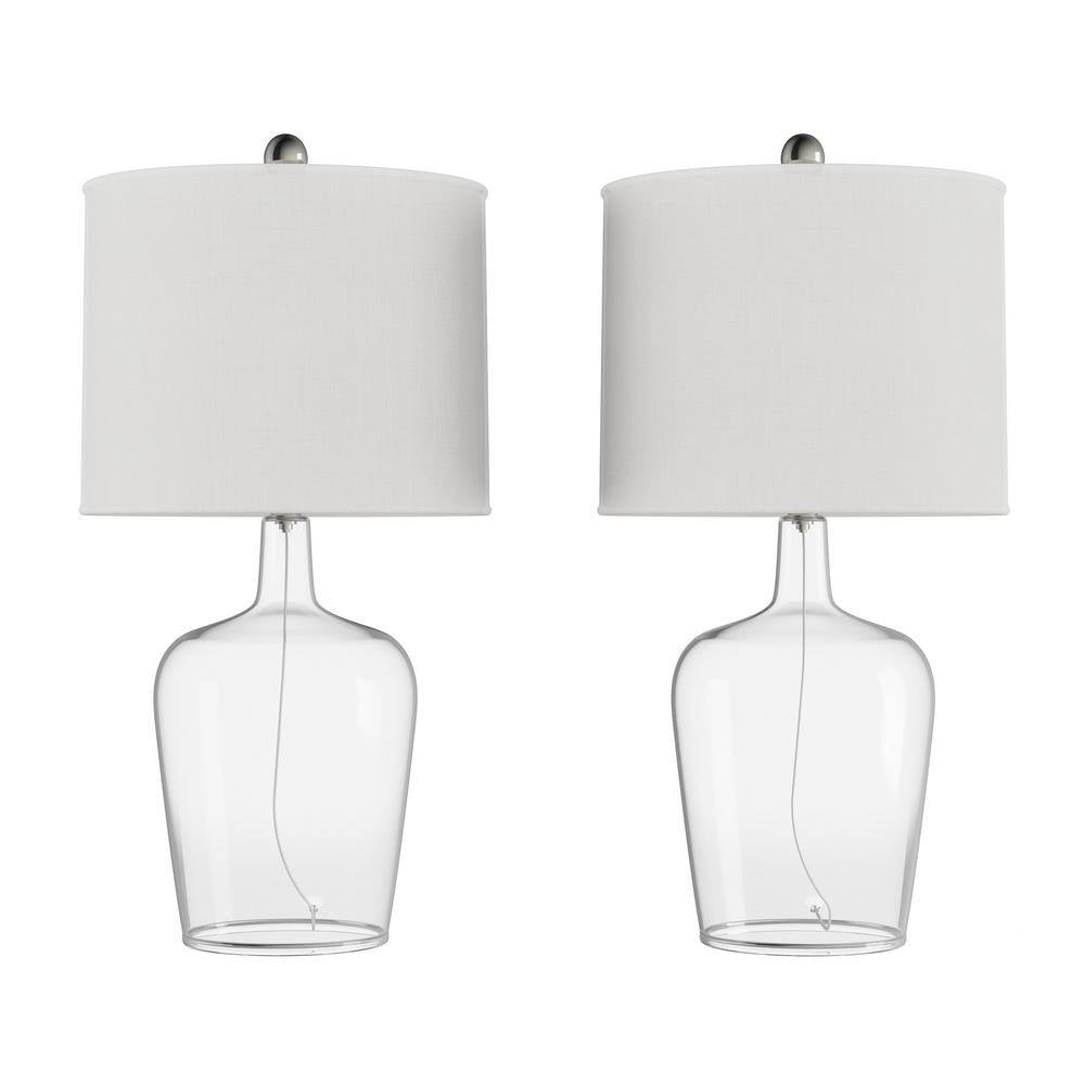 26 In. Glass Cloche Table Lamps, Set of 2 Modern Farmhouse Accent Lights with Ivory Shades White/Clear