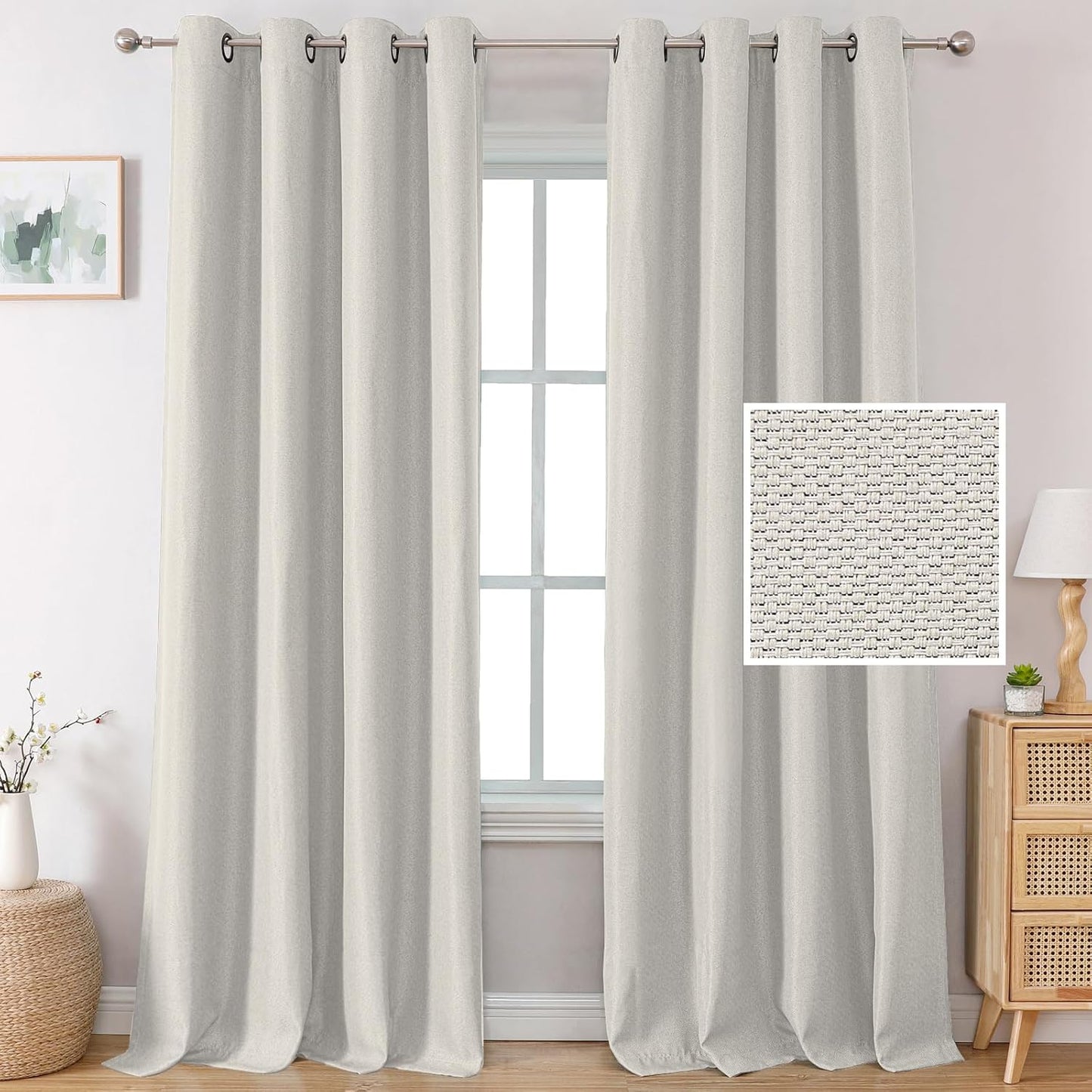 H.VERSAILTEX Linen Blackout Curtains 96 Inch Linen Textured Room Darkening Curtain for Bedroom Boho Rustic Farmhouse Decor Burlap Curtains Grommet Linen Curtain Drapes 2 Panels, Heather Light Taupe