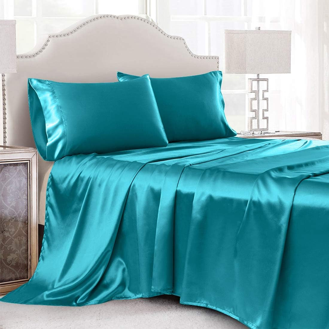 4 Piece Luxury Queen Sheet Set, Taupe Satin Sheet Set, Soft Silky Bed Sheets Queen Set with 1 Deep Pocket Fitted Sheet 1 Flat Sheet 2 Satin Pillowcases