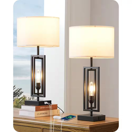 25.6 In. Black Table Lamp with USB Port and Nightlight, LED Bulbs Included (2-Pack)