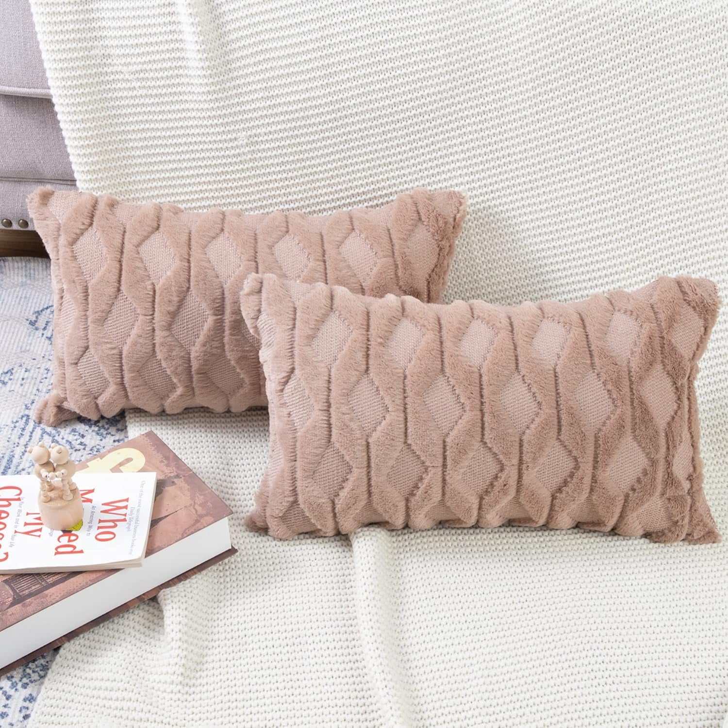 MADIZZ Set of 2 Soft Plush Short Wool Velvet Decorative Throw Pillow Covers 12X20 Inch Light Brown Rectangular Luxury Style Cushion Cases Pillow Shell for Sofa Bedroom